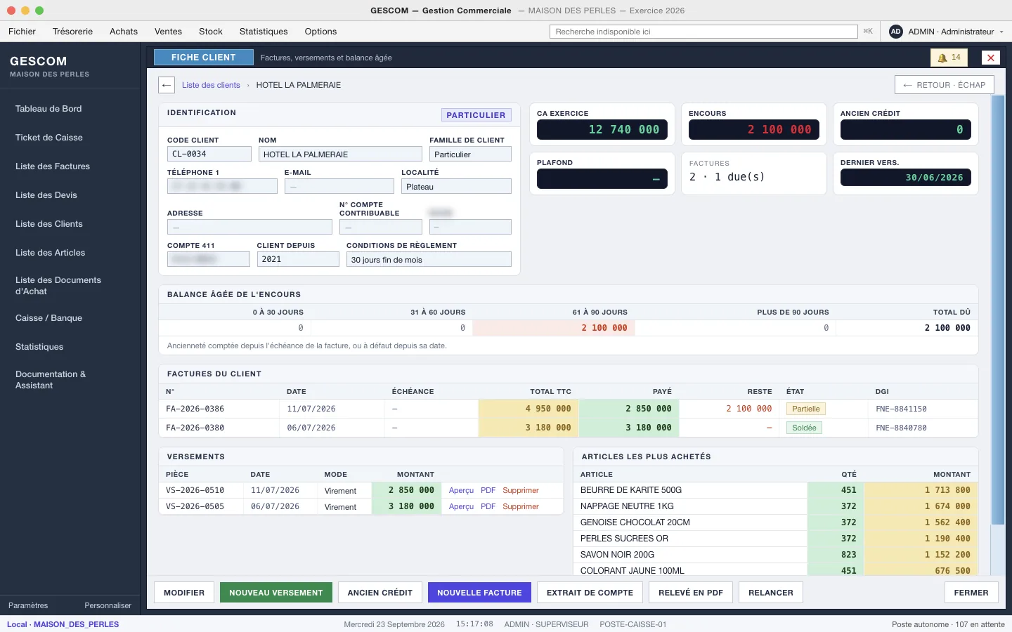 Fiche client de GESCOM : balance âgée, factures et versements